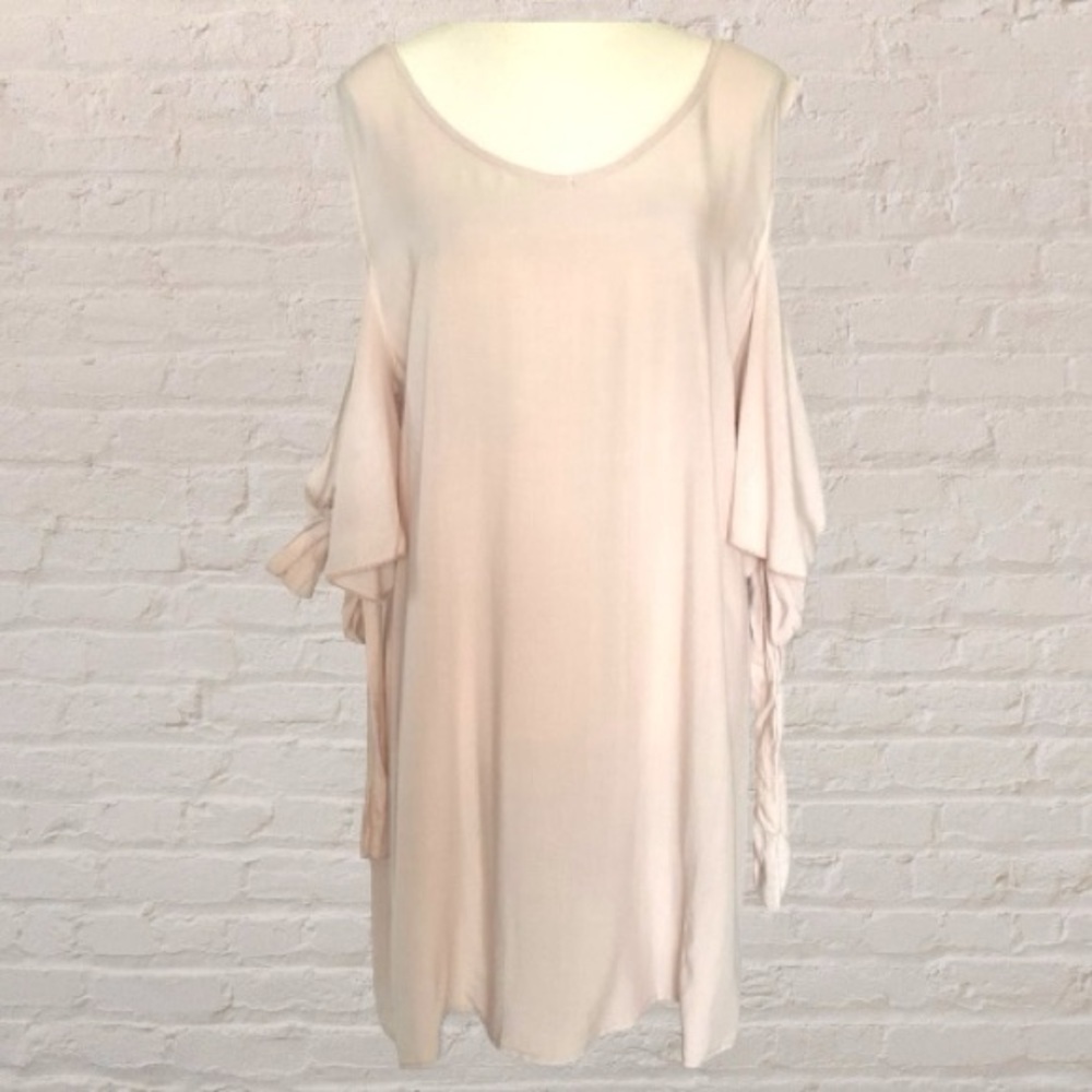 Angela Mara cotton rayon blend blush pink shift mini dress bow tie sleeves S